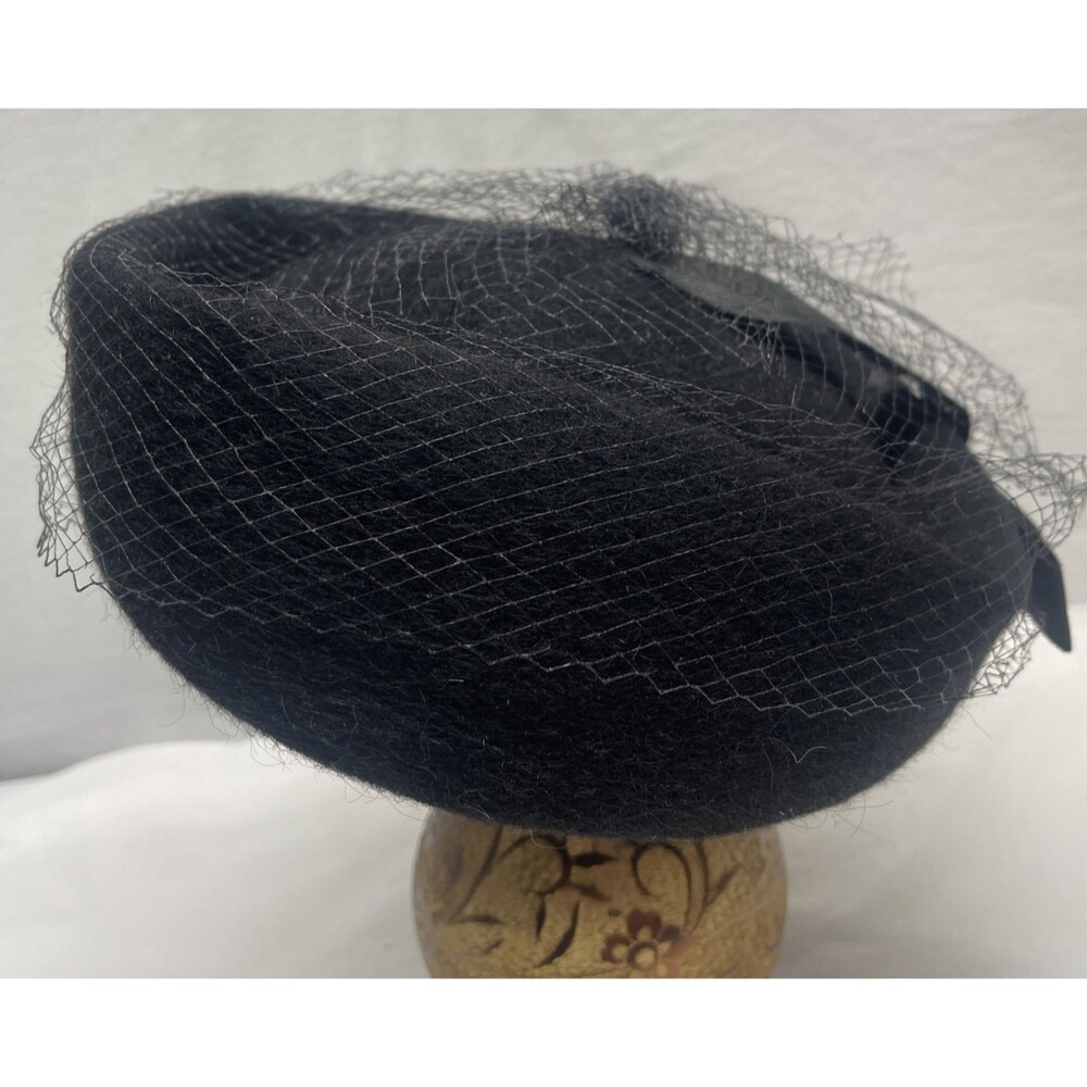 Vintage Black Pillbox Hat with Netting Bow Wool Union Made Church Mourning Hat - Picture 6 of 9